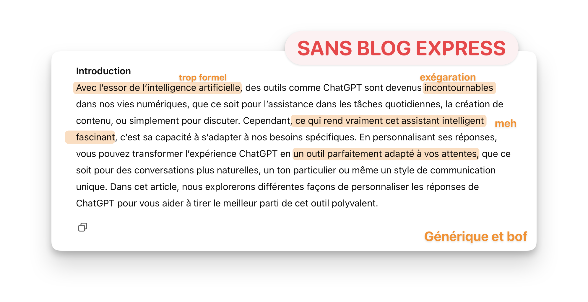 Exemple de texte généré par ChatGPT sans suivre la méthode Blog Express