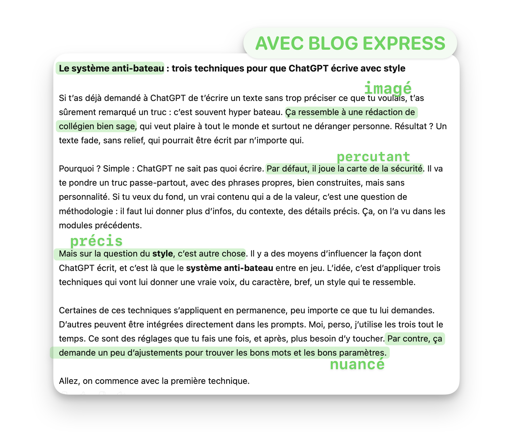 Exemple de texte généré par ChatGPT en suivant la méthode Blog Express